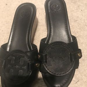 Tory Burch black wedge logo sandals